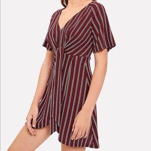 Burgundy V Neck Knot Striped Dress